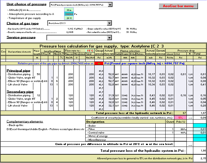 Gas pipes sizing. Pressure loss calculation for gas supply. Local head losses. Gas density. Gas specific gravity