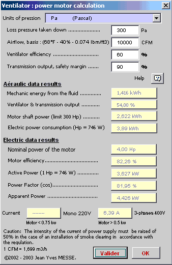 Motor, Active power, apparent power, reactive power, power factor, motor transmission, motor output, Mechanical energy, helicoidal fan, ventilator output, pressure loss coefficient